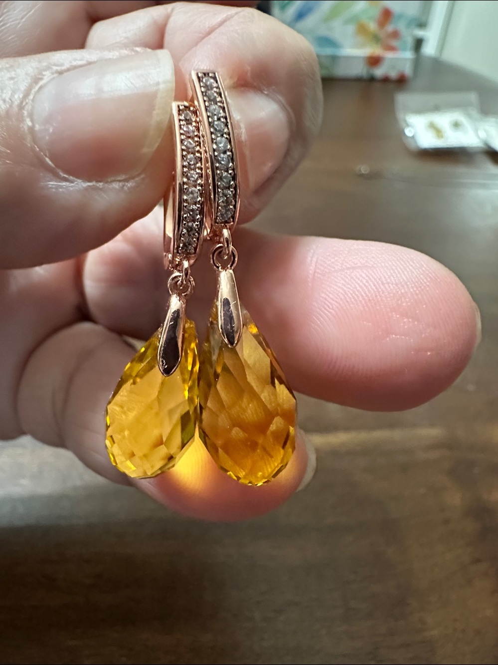 🧡 Rose Gold and Faceted Citrine Colored Drop Earrings 🧡